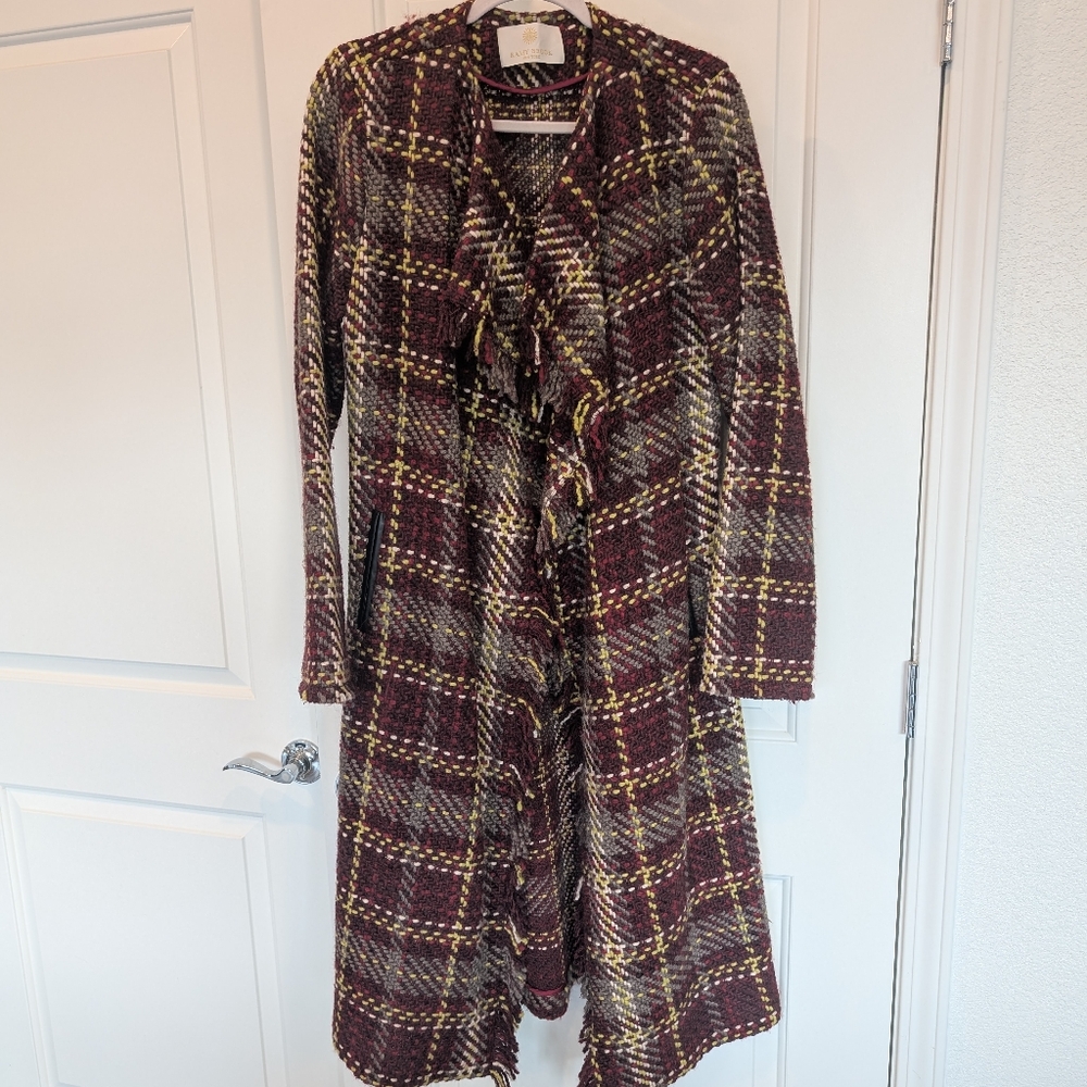 Ramy Brook Bryan Fringe Trim Drapey Plaid Coat